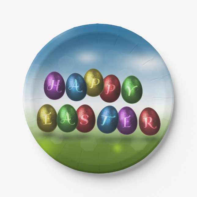 Colorful Happy Easter Eggs Paper Plates (Front)