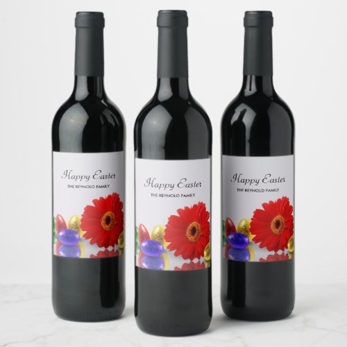Colorful Happy Easter Eggs Red Gerbera Wine Label