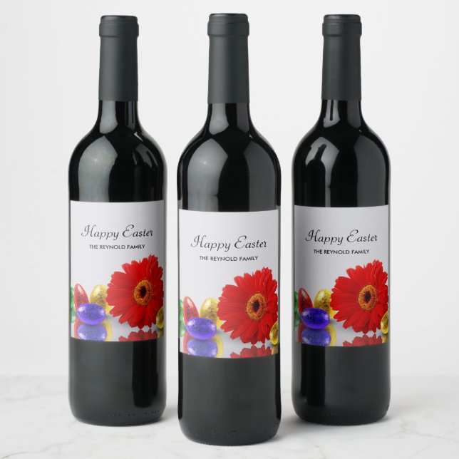 Colorful Happy Easter Eggs Red Gerbera Wine Label (Bottles)