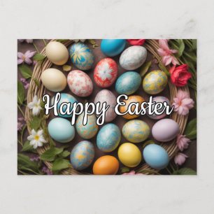 Colorful Happy Easter Eggs & Spring Flowers Postcard
