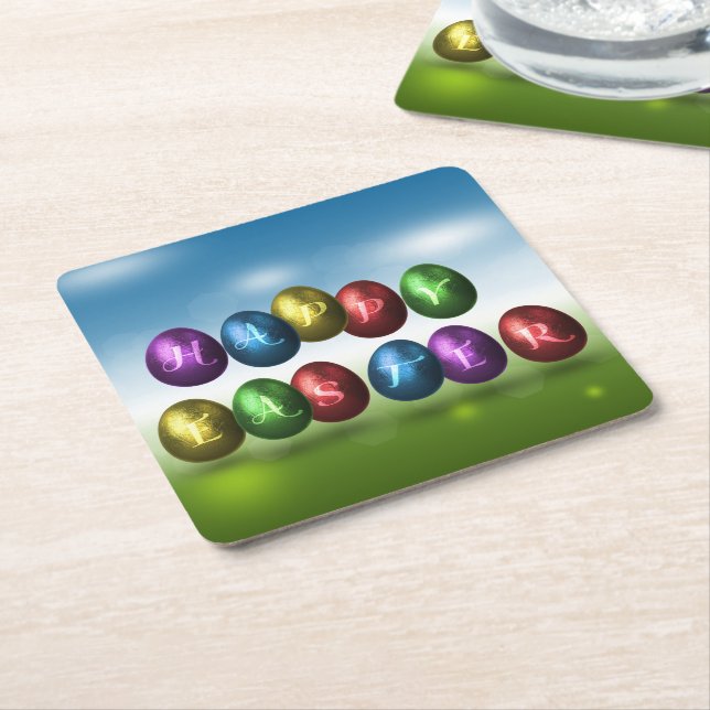 Colorful Happy Easter Eggs Square Paper Coaster (Angled)