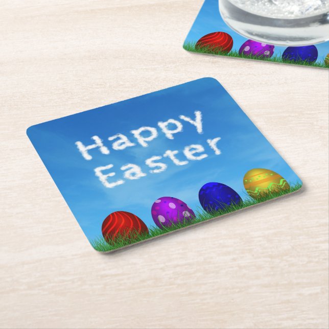 Colorful Happy Easter Eggs Square Paper Coaster (Angled)