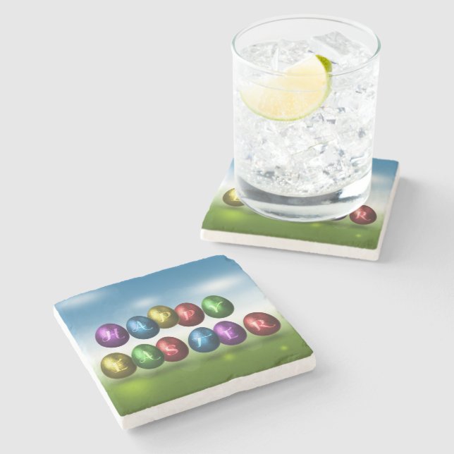 Colorful Happy Easter Eggs Stone Coaster (Side)