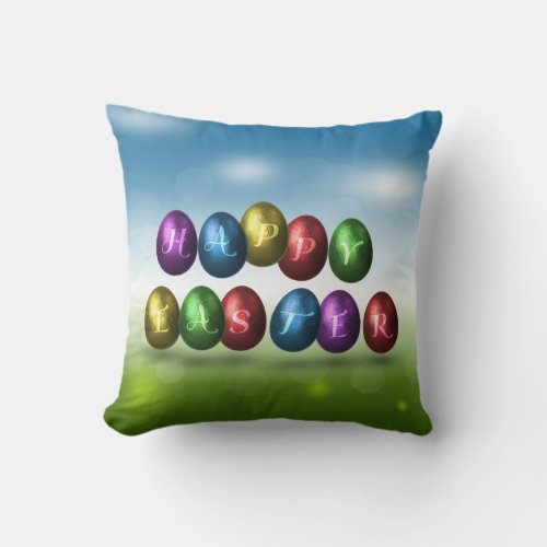Colorful Happy Easter Eggs Throw Pillow