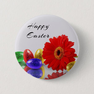 Colorful Happy Easter Eggs with Gerbera Button