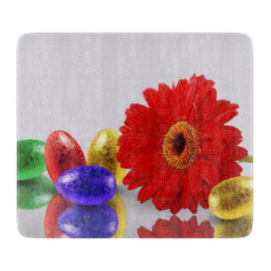 Colorful Happy Easter Eggs with Gerbera Cutting Board