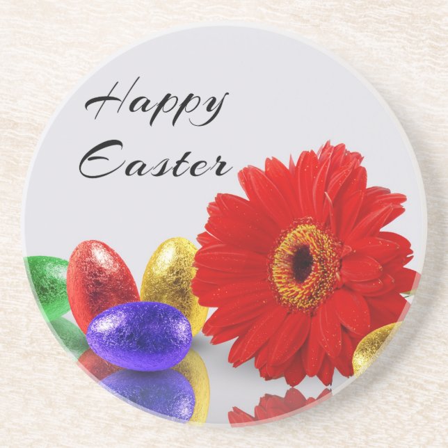 Colorful Happy Easter Eggs with Gerbera Drink Coaster (Front)