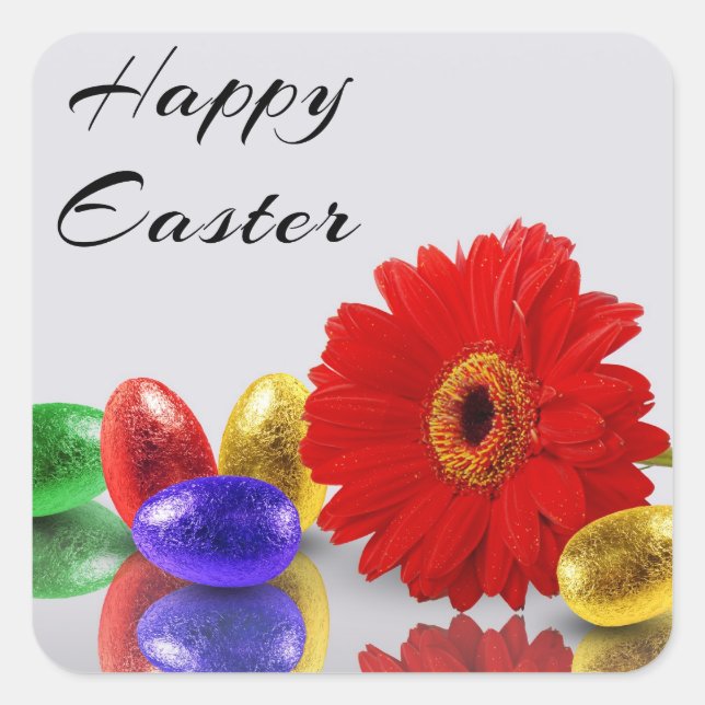 Colorful Happy Easter Eggs with Gerbera Square Sticker (Front)