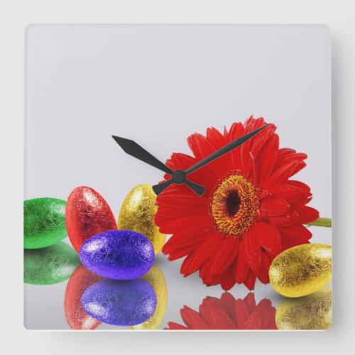 Colorful Happy Easter Eggs with Gerbera Square Wall Clock