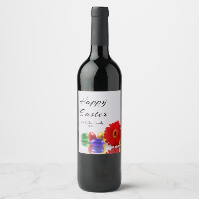 Colorful Happy Easter Eggs with Gerbera Wine Label (Front)