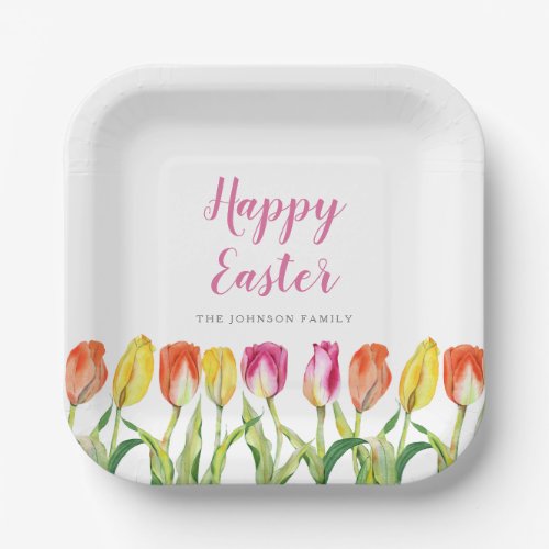 Colorful Happy Easter Floral Watercolor Tulip Paper Plates