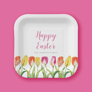 Colorful Happy Easter Floral Watercolor Tulip Paper Plates
