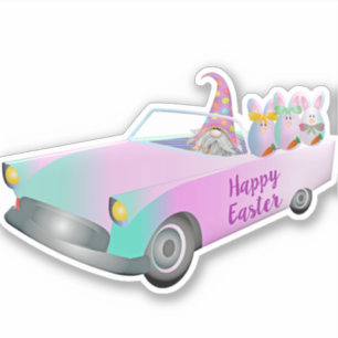 Colorful Happy Easter Gnome Car Bunnies Sticker