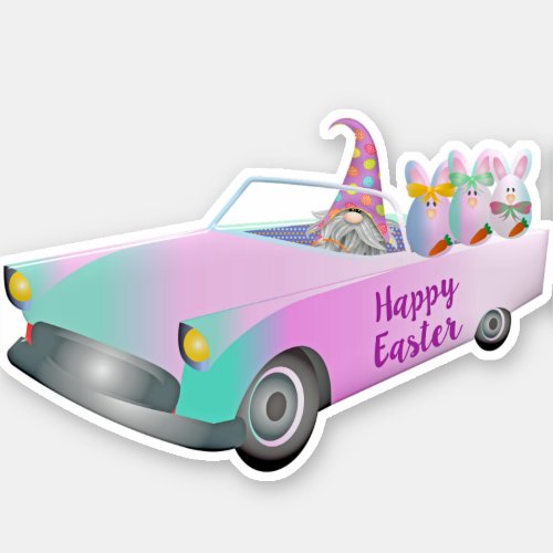 Colorful Happy Easter Gnome Car Bunnies Sticker