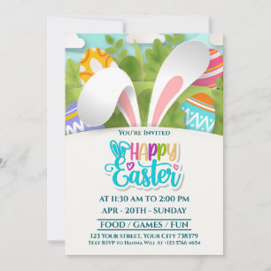 Colorful Happy Easter Party Bunny Ears and Egg Holiday Card