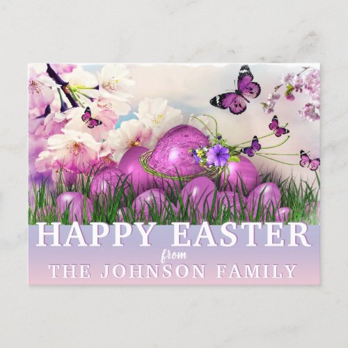 Colorful HAPPY EASTER Purple Butterflies Eggs Holiday Postcard