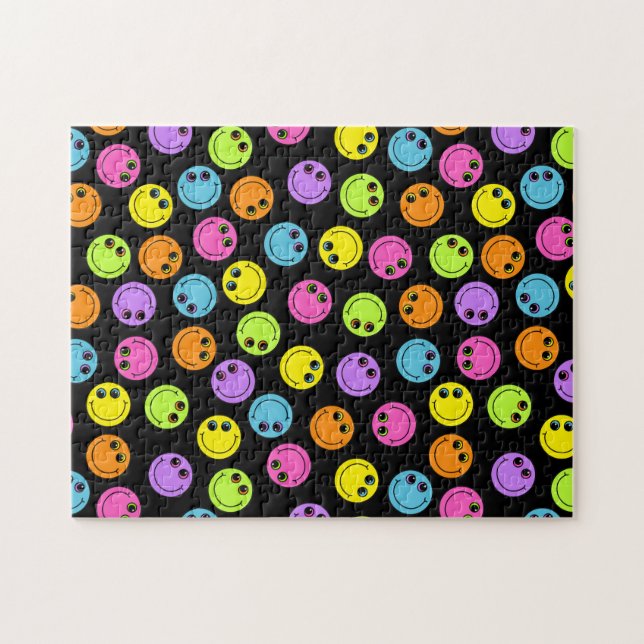 Colorful Happy Emoji Faces on Black Jigsaw Puzzle (Horizontal)