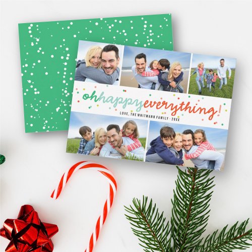 Colorful Happy Everything Confetti 5 Photo Collage Holiday Card