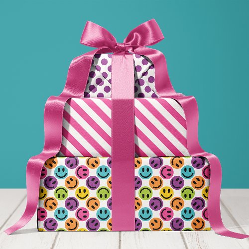 Colorful Happy Face Stripes and Polka Dot Wrapping Paper Sheets