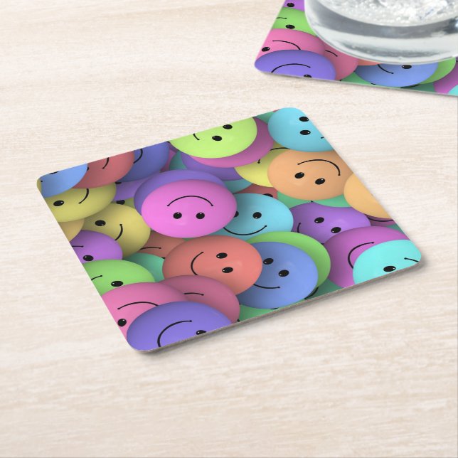 Colorful Happy Faces Emoji Art Square Paper Coaster (Angled)
