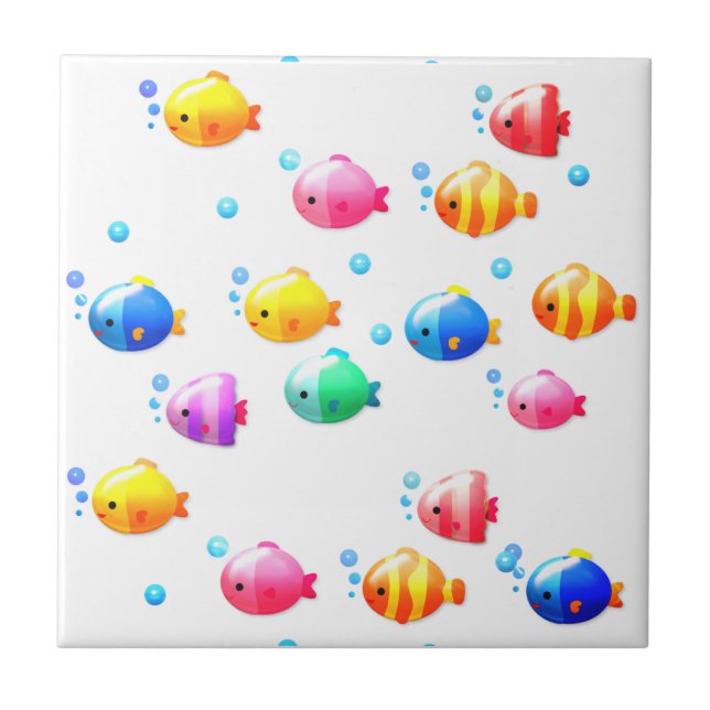 Colorful Happy Fish with Bubbles  Ceramic Tile (Front)