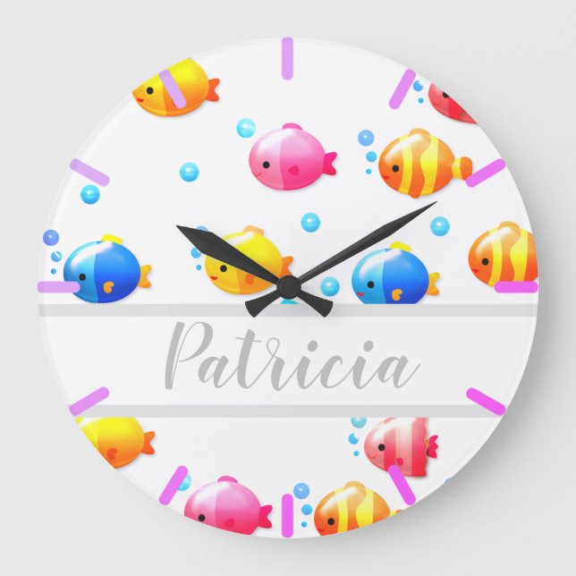 Colorful Happy Fish with Bubbles  Large Clock (Front)