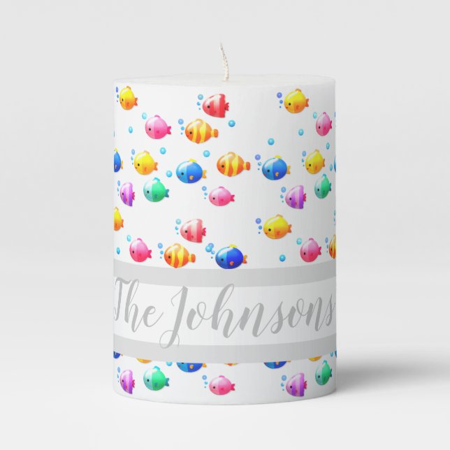 Colorful Happy Fish with Bubbles  Pillar Candle (Front)