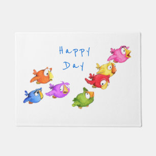 Colorful Happy Flying Birds - Cute Funny Sparrows Doormat
