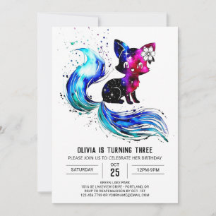 Colorful Happy Fox Digital Girl Birthday Invitation