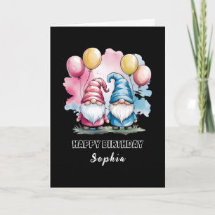 Colorful happy gnomes with balloons card