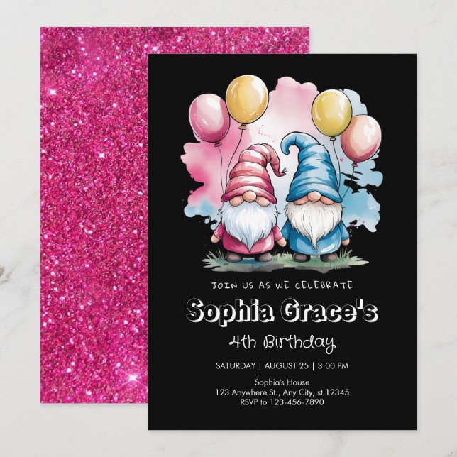 Colorful happy gnomes with balloons invitation (Front/Back)