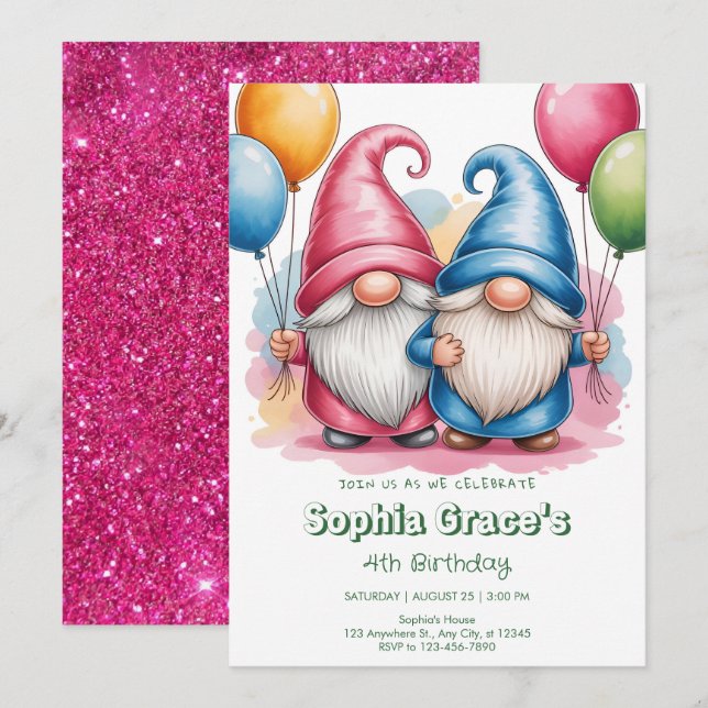 Colorful happy gnomes with balloons invitation (Front/Back)