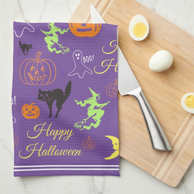 Colorful Happy Halloween Pattern Purple Kitchen Towel (Quarter Fold)