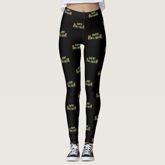 colorful happy halloween script woman black leggings (Front)
