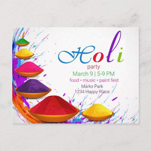 Colorful Happy Holi Powders Bowls Event Invitation Postcard