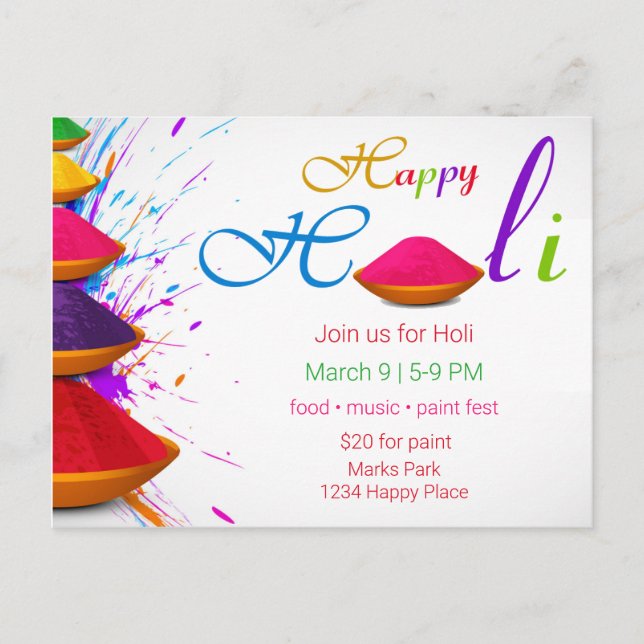 Colorful Happy Holi Powders Paint Invitation Postcard (Front)