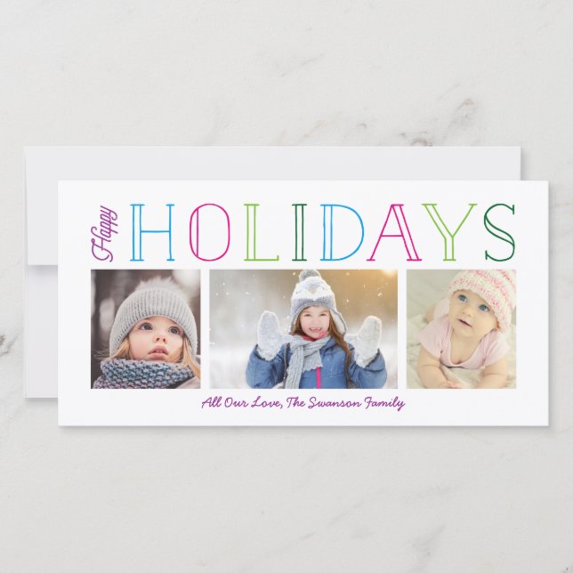 Colorful Happy Holidays 3-Photo Holiday Card (Front)