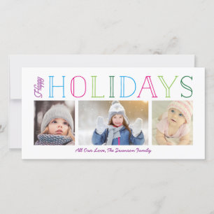 Colorful Happy Holidays 3-Photo Holiday Card