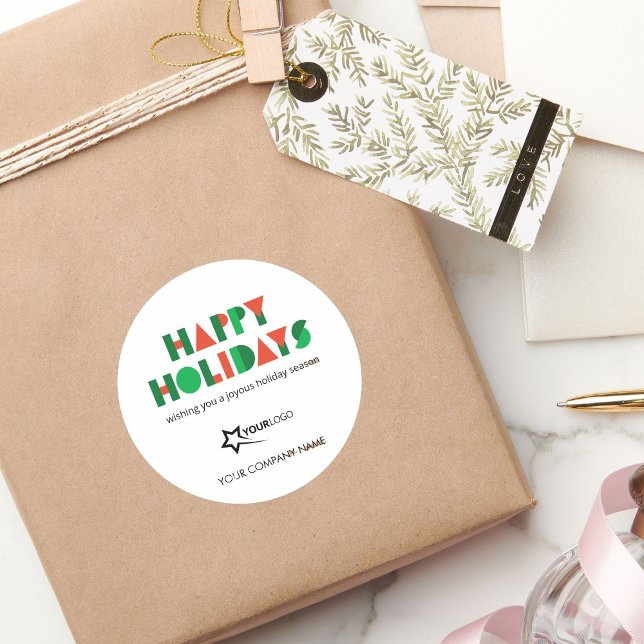 Colorful Happy Holidays Custom Logo Business Classic Round Sticker (Creator Uploaded)