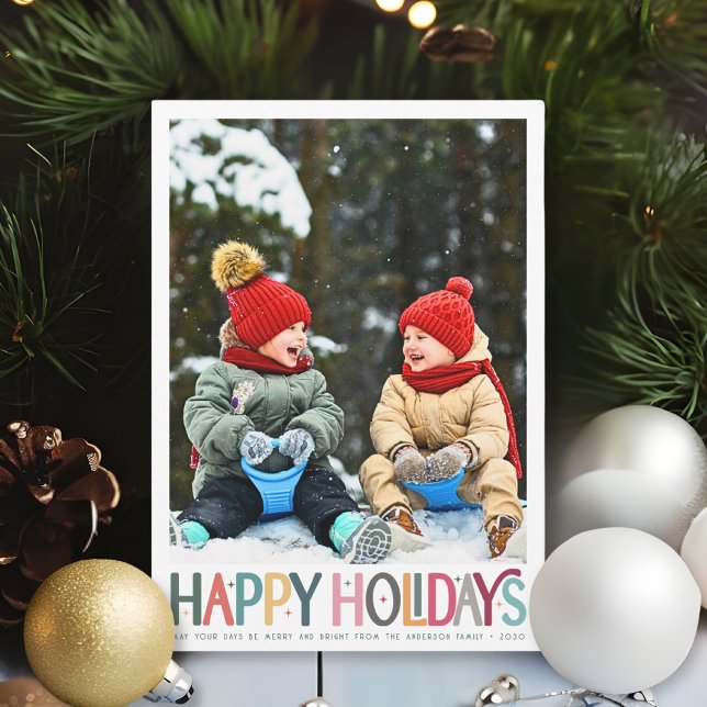 Colorful Happy Holidays Cute Retro Stars Photo Holiday Card (Creator Uploaded)