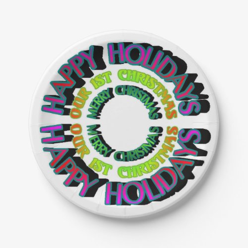 Colorful Happy Holidays Our 1st Christmas Pattern Paper Plates