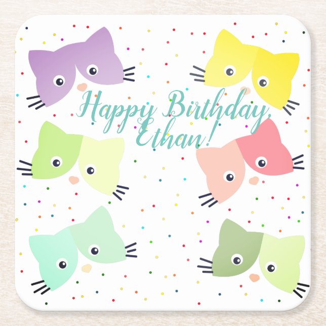 Colorful Happy Kittens Pattern  Square Paper Coaster (Front)
