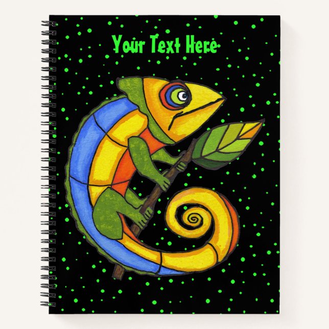 Colorful Happy Lizard Holding Leaf Green Dots Notebook (Front)