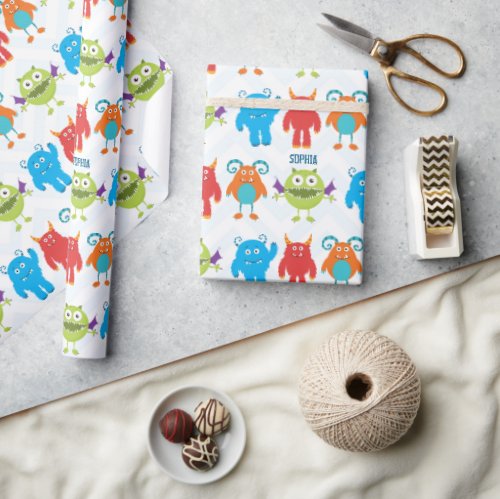 Colorful Happy Monsters with Kid Name Pattern Wrapping Paper
