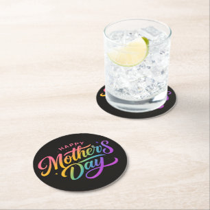 Colorful Happy Mother's Day Rainbow Calligraphy Round Paper Coaster