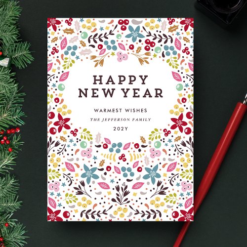 Colorful Happy New Year Floral Holiday Card