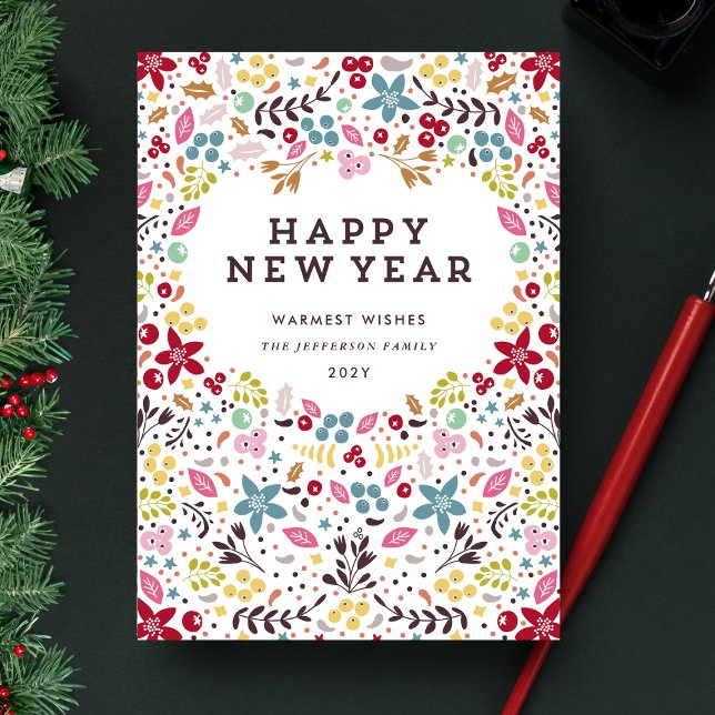 Colorful Happy New Year Floral Holiday Card (Creator Uploaded)
