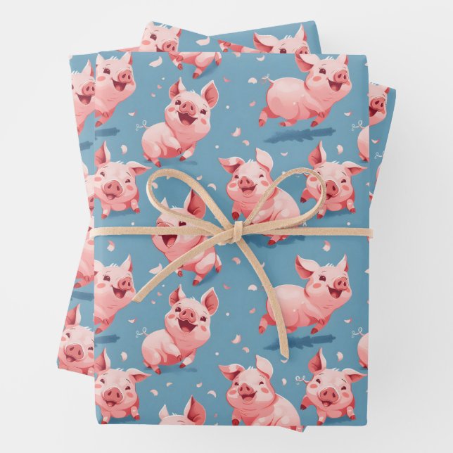 Colorful happy pigs wrapping paper sheets (In situ)