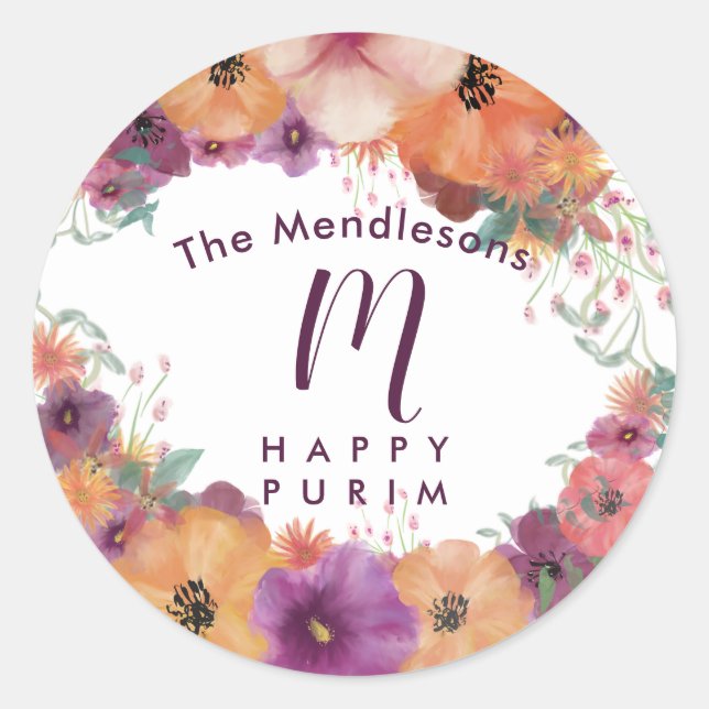 Colorful Happy Purim floral sticker (Front)