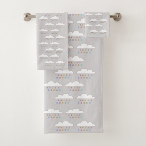 Colorful happy raindrops white fluffy clouds gray bath towel set